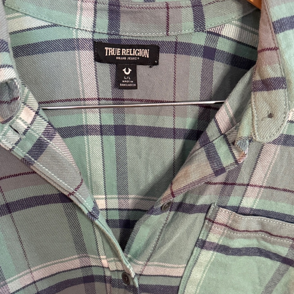 True Religion Y2K Plaid Flannel Shirt Distressed Hem Size L - Picture 3 of 7